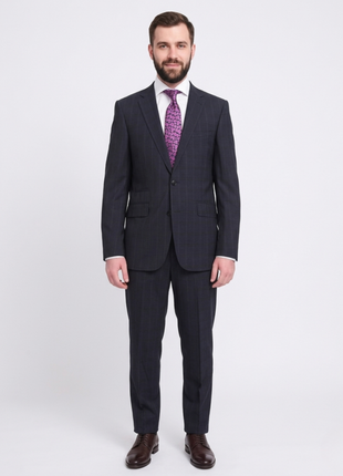 Napoli Slim Fit Navy Blue Windowpane Plaid Two Button Half Canvassed Wool Suit - The Suit Depot