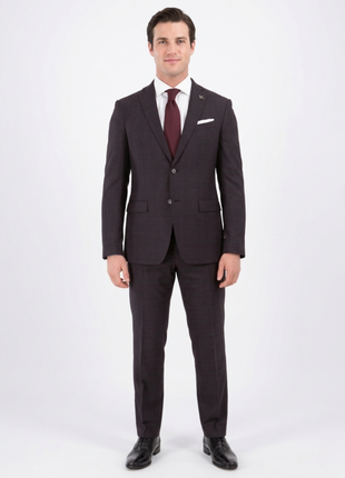 John Varvatos Half-Canvassed Windowpane Burgundy Slim Fit Two Button Stretch Wool Suit