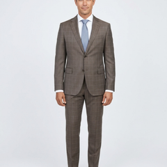 Italiano Mens Brown Check 100% Zegna Wool Slim Fit 2 Button Suit - The Suit Depot