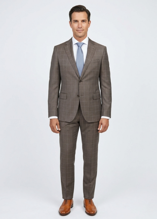 Italiano Mens Brown Check 100% Zegna Wool Slim Fit 2 Button Suit - The Suit Depot