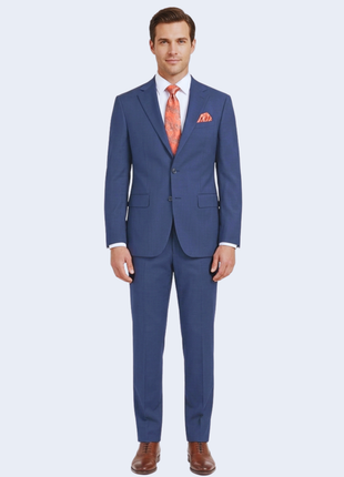 Mens Navy Blue Check Slim Fit 100% VBC Wool Prehemmed Suit