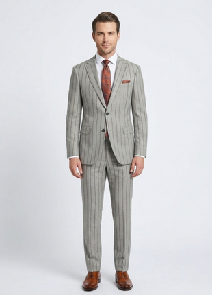 Arthur Black Mens Gray & Brown Pinstriped Slim Fit 100% VBC Wool Prehemmed Suit - The Suit Depot