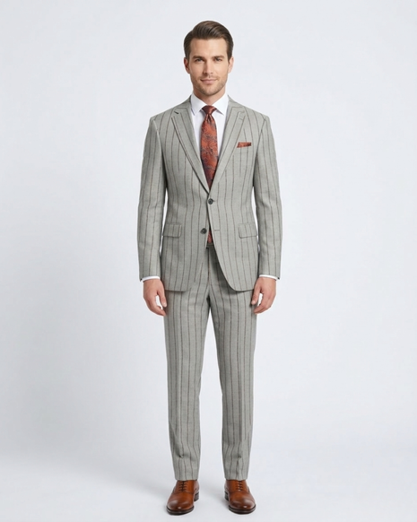 Mens Gray & Brown Pinstriped Slim Fit 100% VBC Wool Prehemmed Suit