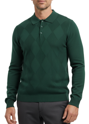Lavane N.Y. Mens Hunter Green Diamond Knit Polo Sweater Shirt