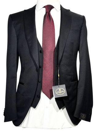 Corneliani Mens Solid Black Fully-Canvassed Peak Lapel Slim Fit 3-Piece Wool Tuxedo Suit - 42R