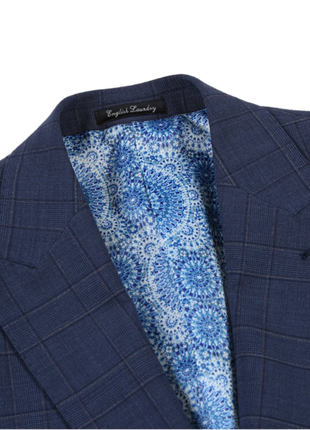English Laundry Navy Windowpane Slim Fit Peak Lapel Wool Blend Stretch 2 Button Suit