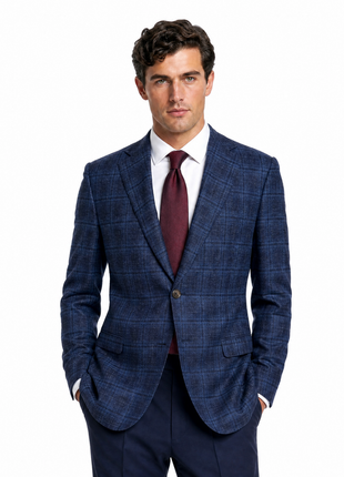 Pal Zileri Textured Blue with Dark Windowpane Classic Fit Wool Cotton Blend Sport Coat 44R