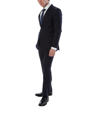 Sartoria Mazara Mens Slim Fit Navy Blue & Gray Pinstriped 100% Wool Suit With Peak Lapels