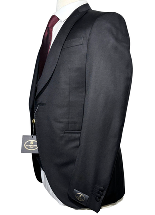 Corneliani Mens Solid Black Fully-Canvassed Peak Lapel Classic Fit 3-Piece Wool Tuxedo Suit - 36S