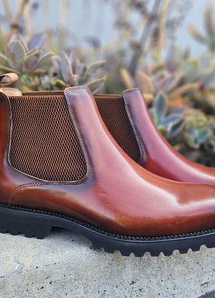 Carrucci Mens Cognac Brown Slip On Chelsea Leather Dress Boots