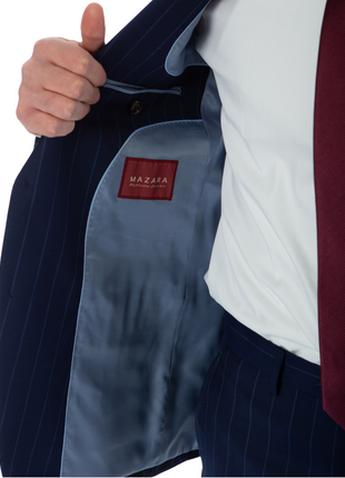Sartoria Mazara Mens Slim Fit Blue Striped 100% Wool Suit With Peak Lapels