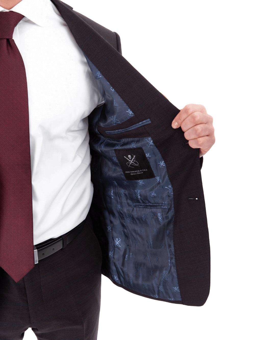 John Varvatos Half-Canvassed Windowpane Burgundy Slim Fit Two Button Stretch Wool Suit