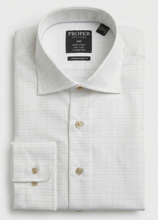Proper Shirtings Grid Check White & Sand Contemporary Fit Spread Collar Wrinkle Free Cotton Dress Shirt