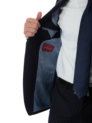Sartoria Mazara Mens Classic Fit Navy Blue With Gray Pinstriped 100% Wool Suit With Peak Lapels