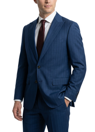 Mazara Mens Blue Pinstriped Classic Fit Peak Lapel Wool Blend 2-Button Suit