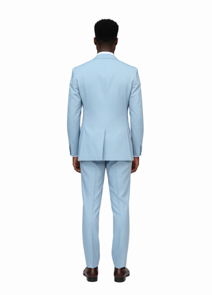 Romaster Men’s Solid Light Blue Slim Fit Peak Lapels Stretch Wool Suit