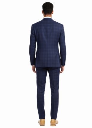 Ferrecci Mens Navy Blue Plaid Classic Fit Wool Blend 2 Piece Suit