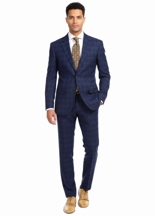 Ferrecci Mens Navy Blue Plaid Classic Fit Wool Blend 2 Piece Suit