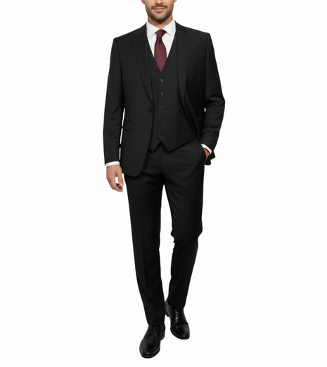 Cleo Luxor Black Slim Fit Wool Stretch 3 Piece Suit
