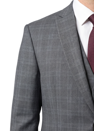 West End Gray Plaid  Wool Slim Fit  Notch Lapel 3 Piece Suit