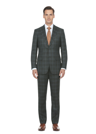 English Laundry Mens Gray With Green Plaid Slim Fit Peak Lapel 2 Button Stretch Suit