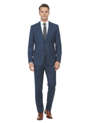 English Laundry Blue Plaid Slim Fit Notch Lapel Stretch 2 Button Suit
