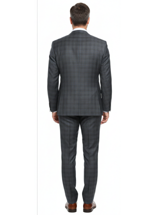 English Laundry Charcoal Gray Plaid Slim Fit Peak Lapel Wool Blend Stretch 2 Button Suit