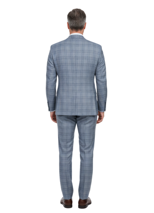 English Laundry Light Gray with Blue Check Slim Fit Notch Lapel Wool Blend 2 Button Suit