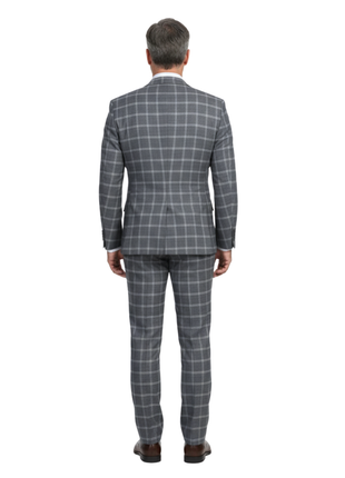 English Laundry Gray Windowpane Slim Fit Notch Lapel Wool Blend Stretch 2 Button Suit