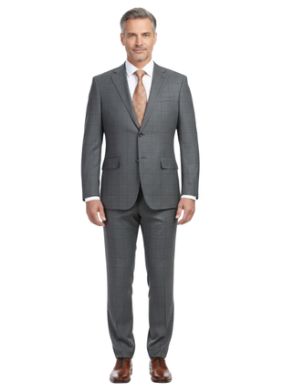 English Laundry Grey And Plum Plaid Slim Fit Notch Lapel Stretch Wool Blend Suit