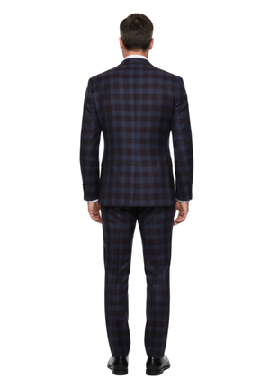 English Laundry Burgundy And Navy Plaid Slim Fit Notch Lapel Stretch Wool Suit