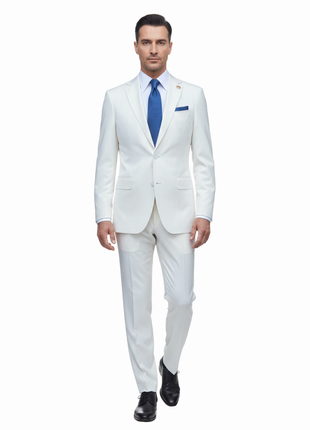Romaster Mens Solid White Notch Lapel Slim Fit Stretch Wool Blend suit