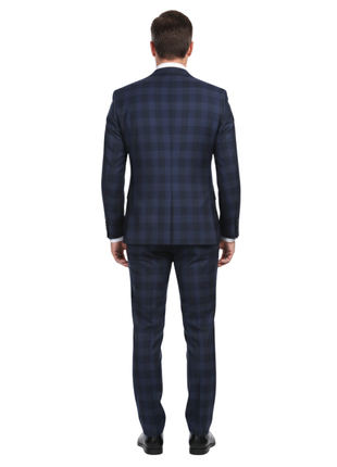 English Laundry Navy Tonal Plaid Slim Fit Peak Lapel Stretch Wool Blend Suit
