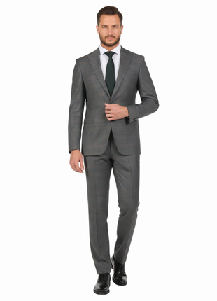 Di'nucci Slim Fit Light Gray With Brown Windowpane Peak Lapel Wool Blend Suit - The Suit Depot