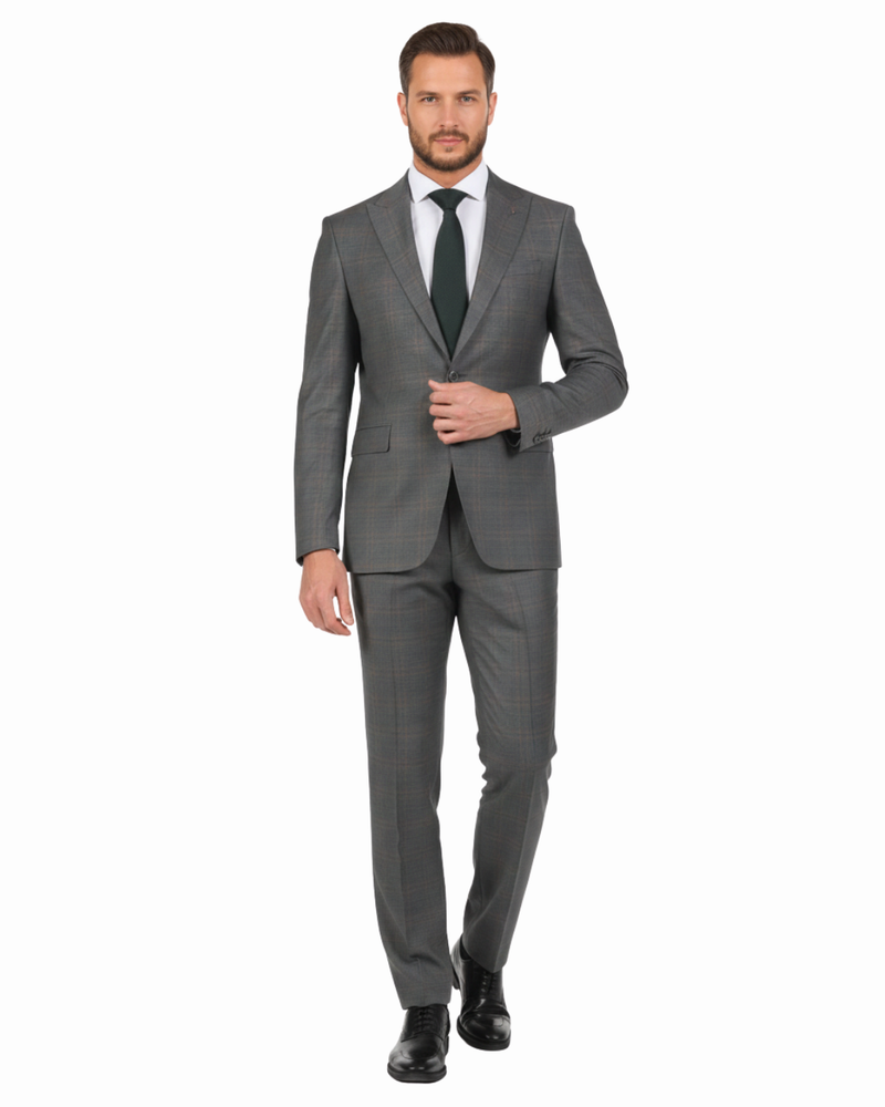 Shop Di'nucci Gray with Brown Windowpane Peak Lapel 100% Wool Suit