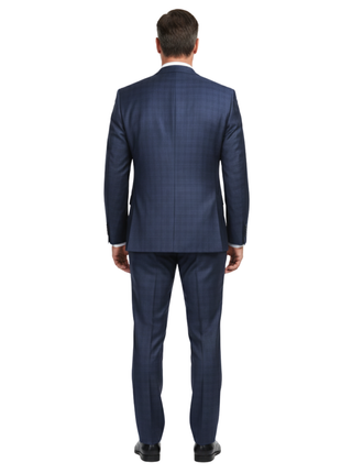 English Laundry Navy Plaid With Grey Windowpane Slim Fit Peak Lapel Wool Suit