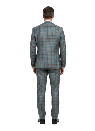 English Laundry Teal With Brown Windowpane Slim Fit Peak Lapel Wool Blend Suit