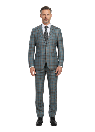 English Laundry Teal With Brown Windowpane Slim Fit Peak Lapel Wool Blend Suit