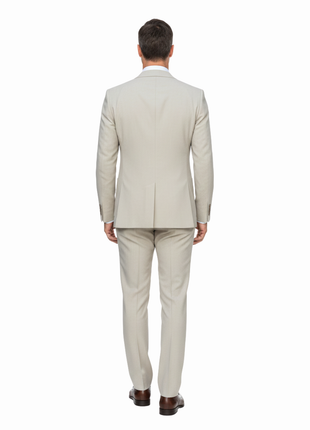 Pierre Carlos Pinstriped Beige Slim Fit Stretch Linen Suit with Drawstring Waist
