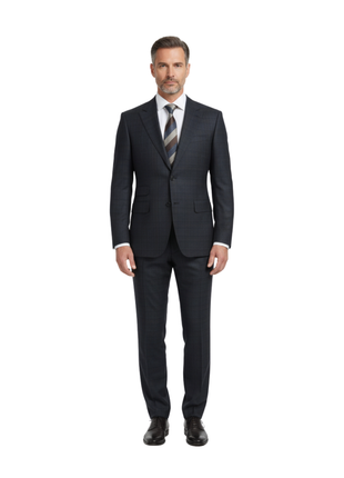 English Laundry Dark Navy Check Slim Fit Peak Lapel Wool Suit