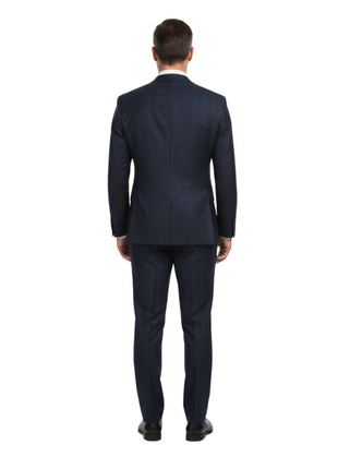 English Laundry Navy Plaid With Rust Windowpane Slim Fit Notch Lapel Wool Suit
