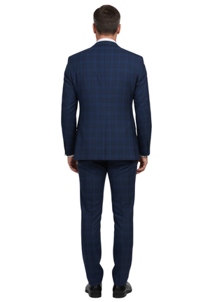 English Laundry Blue Plaid Slim Fit Notch Lapel Stretch Wool Blend 2 Button Suit