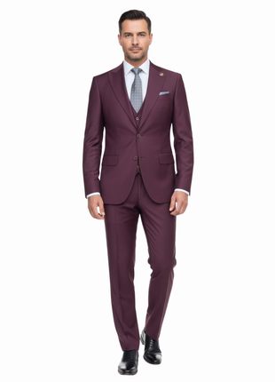 Romaster Mens Solid Burgundy Wool Blend 3 Piece Slim Fit Suit With Peak Lapels