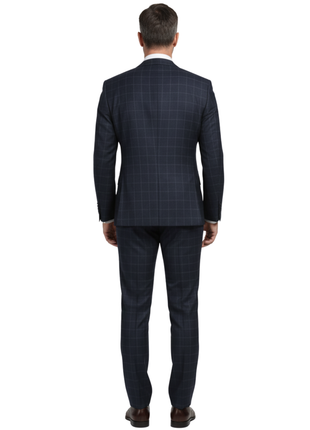 English Laundry Dark Navy Check Windowpane Slim Fit Notch Lapel Wool Suit