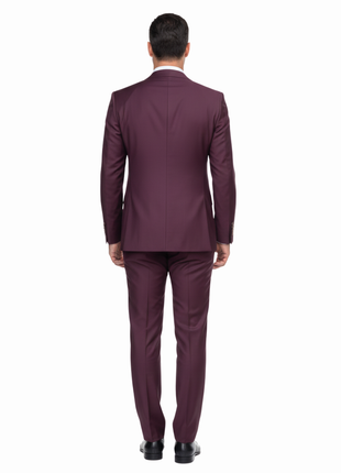 Romaster Mens Solid Burgundy Wool Blend 3 Piece Slim Fit Suit With Peak Lapels