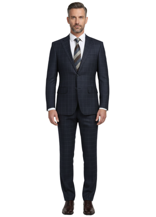 English Laundry Dark Navy Check Windowpane Slim Fit Notch Lapel Wool Suit