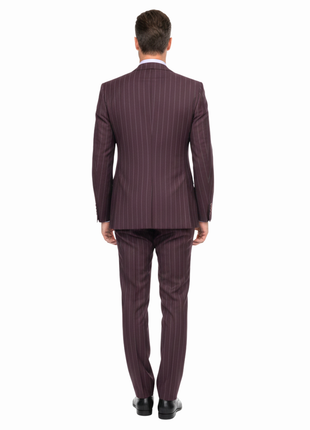 Romaster Men’s Burgundy Pinstripe Slim Fit Peak Lapels Stretch Wool Blend Suit