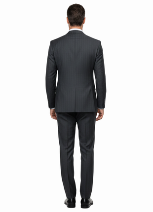 Romaster Men’s Black Pinstripe Slim Fit Peak Lapels Stretch Wool Blend Suit