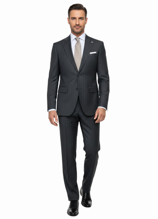 Romaster Men’s Black Pinstripe Slim Fit Peak Lapels Stretch Wool Blend Suit