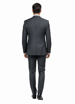 Romaster Men’s Black Pinstripe Slim Fit Peak Lapels Stretch Wool Suit